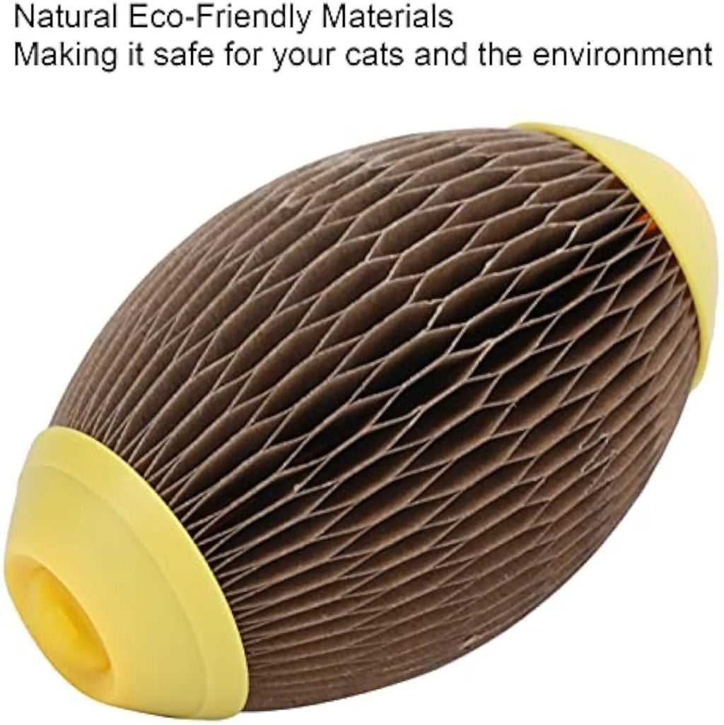 Ellipse-shaped catnip scratch ball made from brown recycled corrugated paper, shown with a pull-open cover.