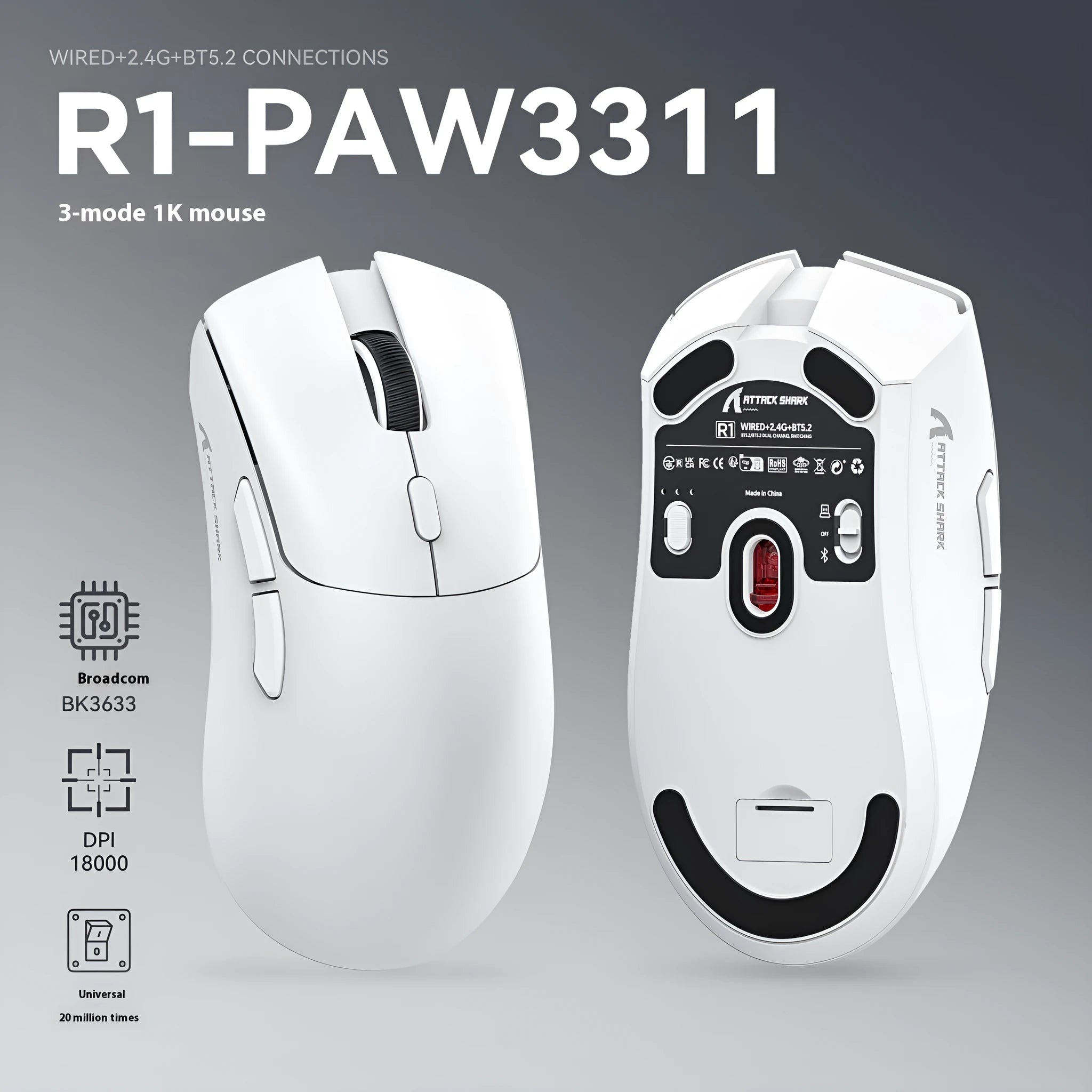 Attack Shark wireless three-mode gaming and office mouse in black, red, or white