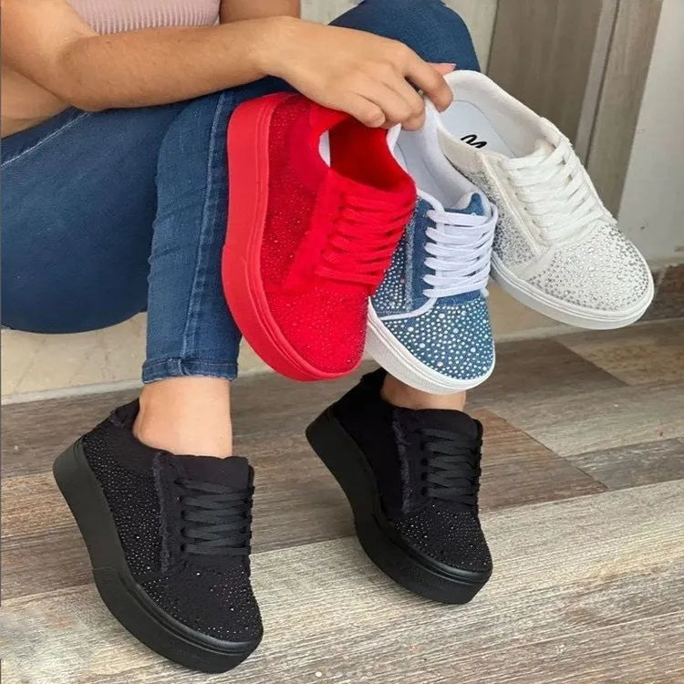 Plus size women's rhinestone casual sports shoes in black with a chunky flat rubber sole and front lace-up.