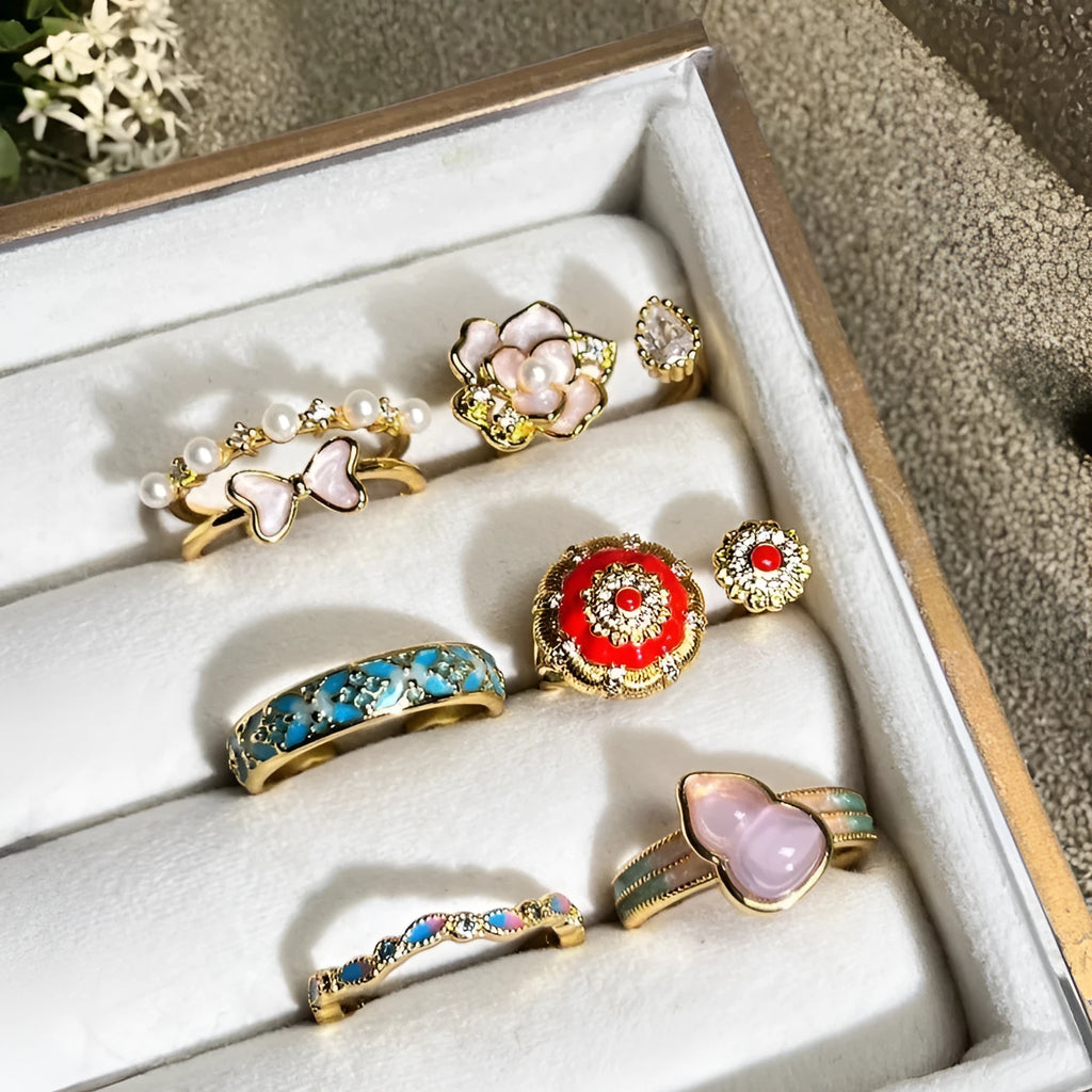 Adjustable copper ring with vintage gourd, floral, and bow design in New Chinese style, set with zircon stones.