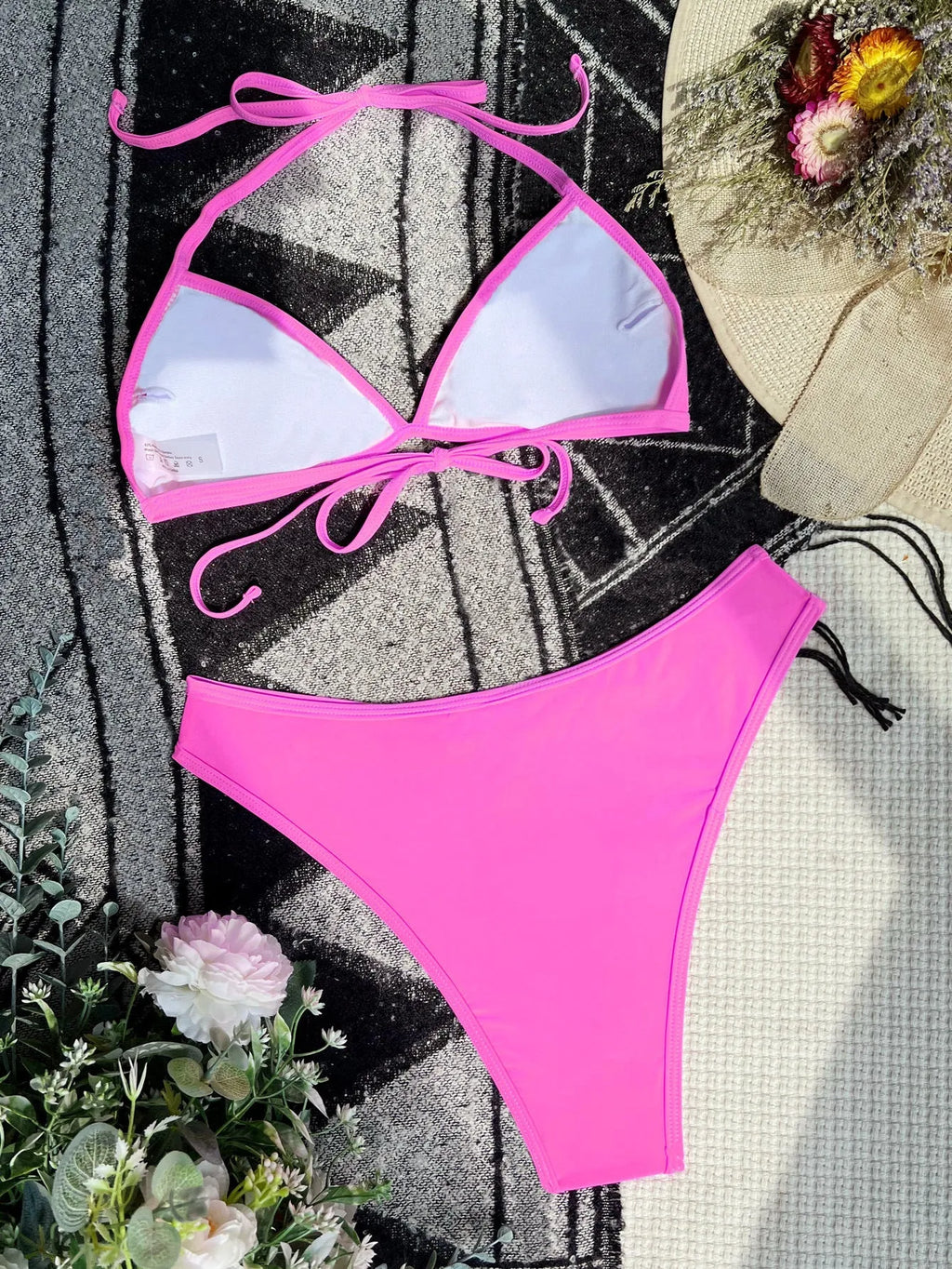 Women's Rose Red nylon bikini set with colour matching design for swimming