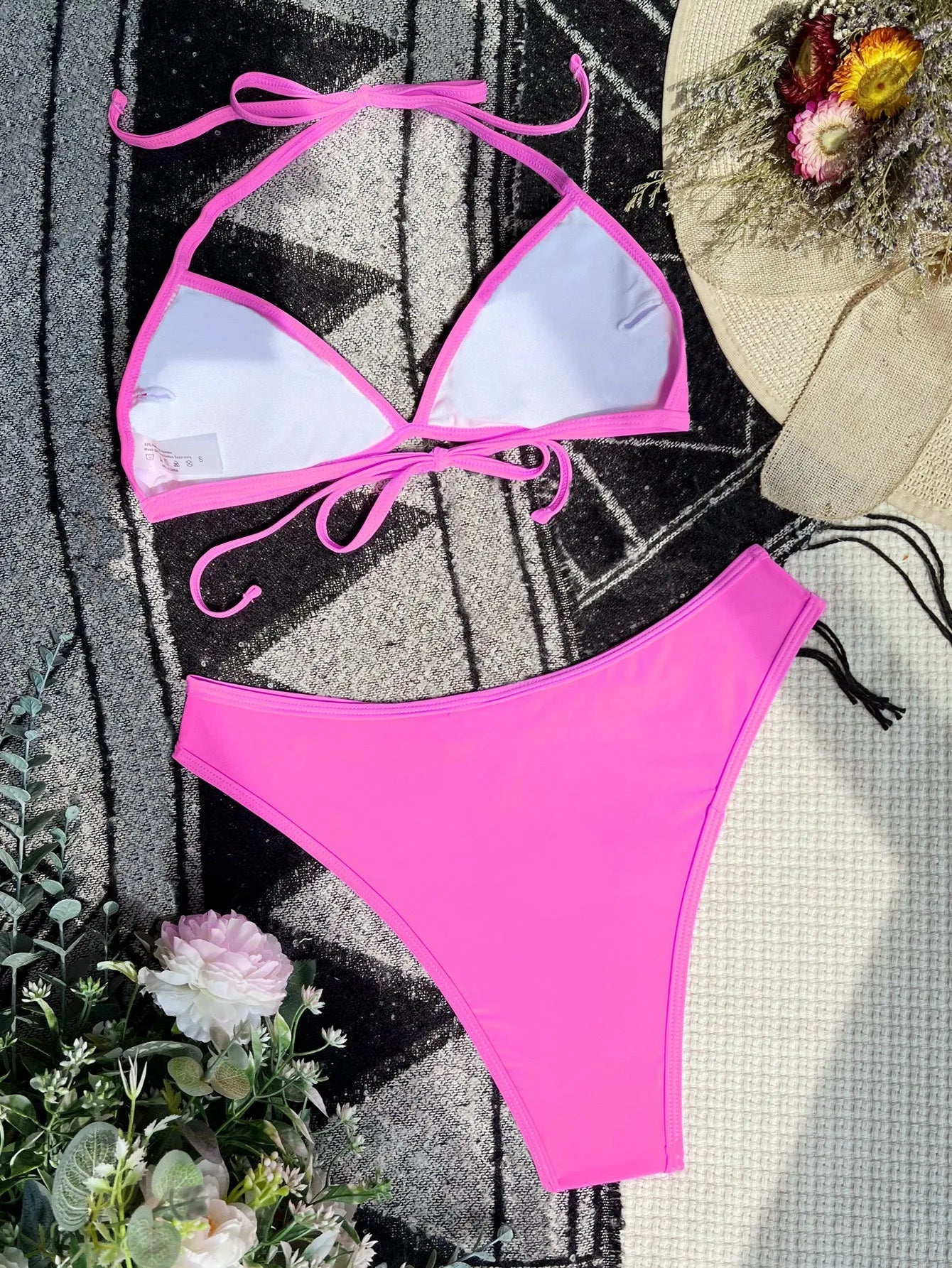 Women's Rose Red nylon bikini set with colour matching design for swimming
