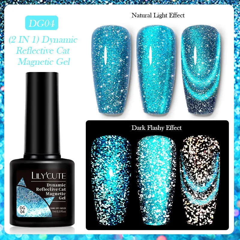 Cat eye effect nail polish gel bottle with diamond glitter in one of six colour styles
