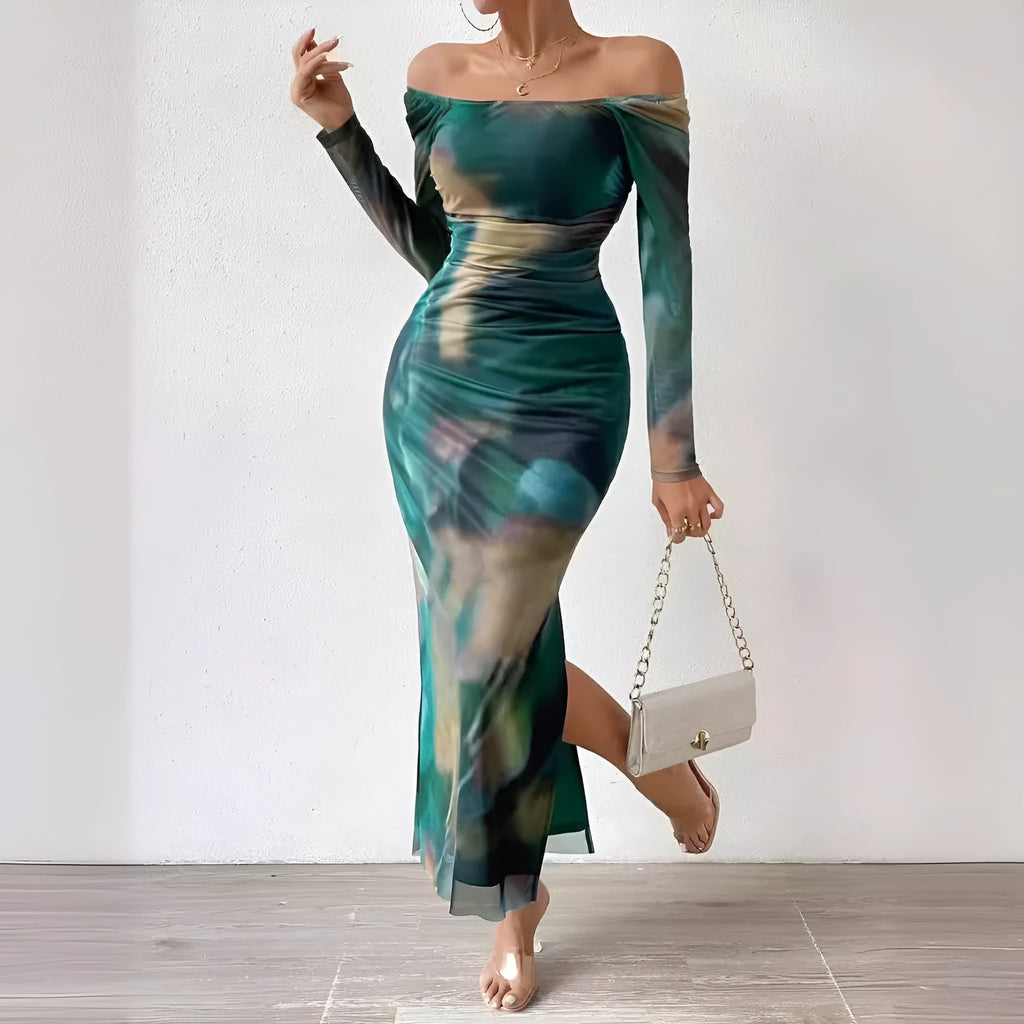 Long gradient print fishtail dress with square collar, shown in one of eight colour options.