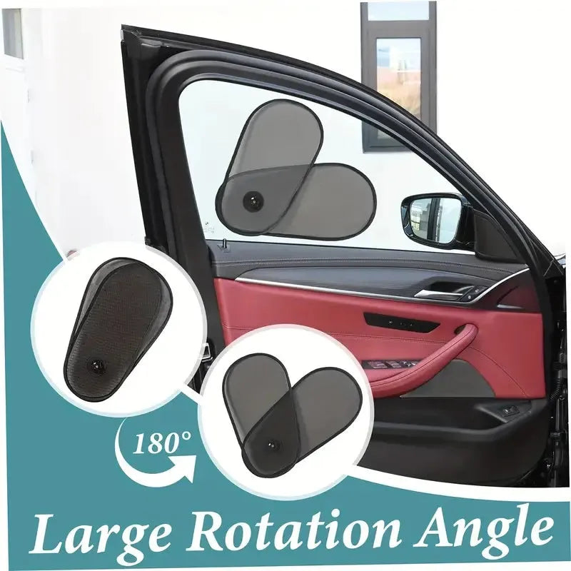 Black stretchy car window shade with suction cups attached to vehicle side window
