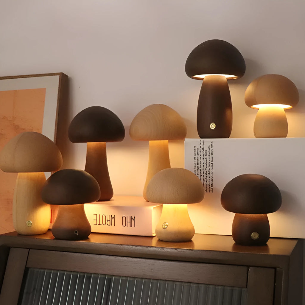 Wooden mushroom-shaped LED night light with touch switch on a bedside table, beech finish, 165 x 100 mm