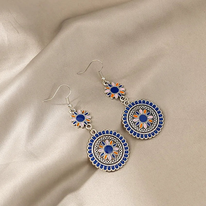Exaggerated retro bohemian round sunflower earrings in blue and green alloy for women