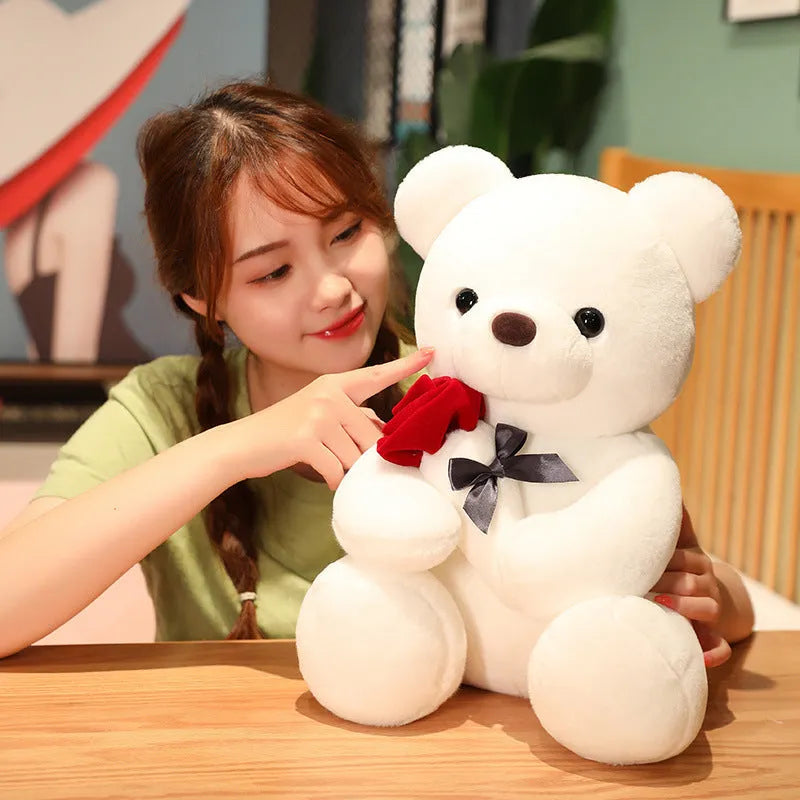Soft plush rose bear teddy doll in beige, brown, or grey, shown in multiple size options.