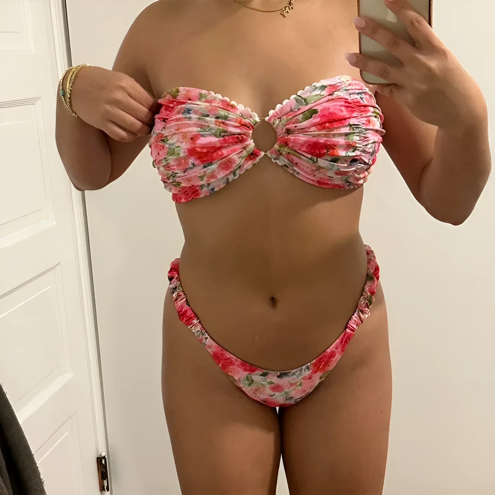 Women's floral print lace detail tube top bikini with matching shorts in blue, yellow, pink, or multi-colour.