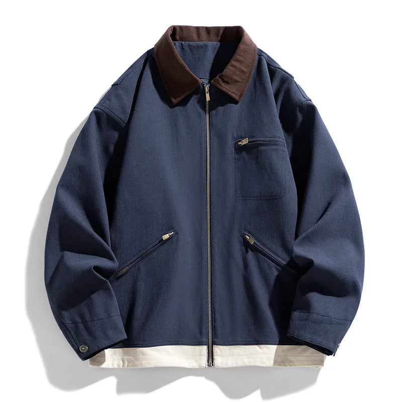 Men's loose fit retro work jacket with contrasting lapels in polyester fabric