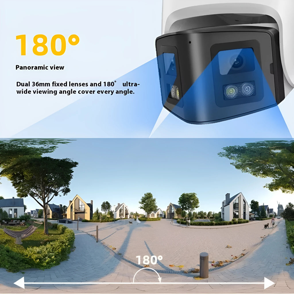 4MP dual lens IP security camera with IP66 weatherproof housing measuring 124x72x201 mm