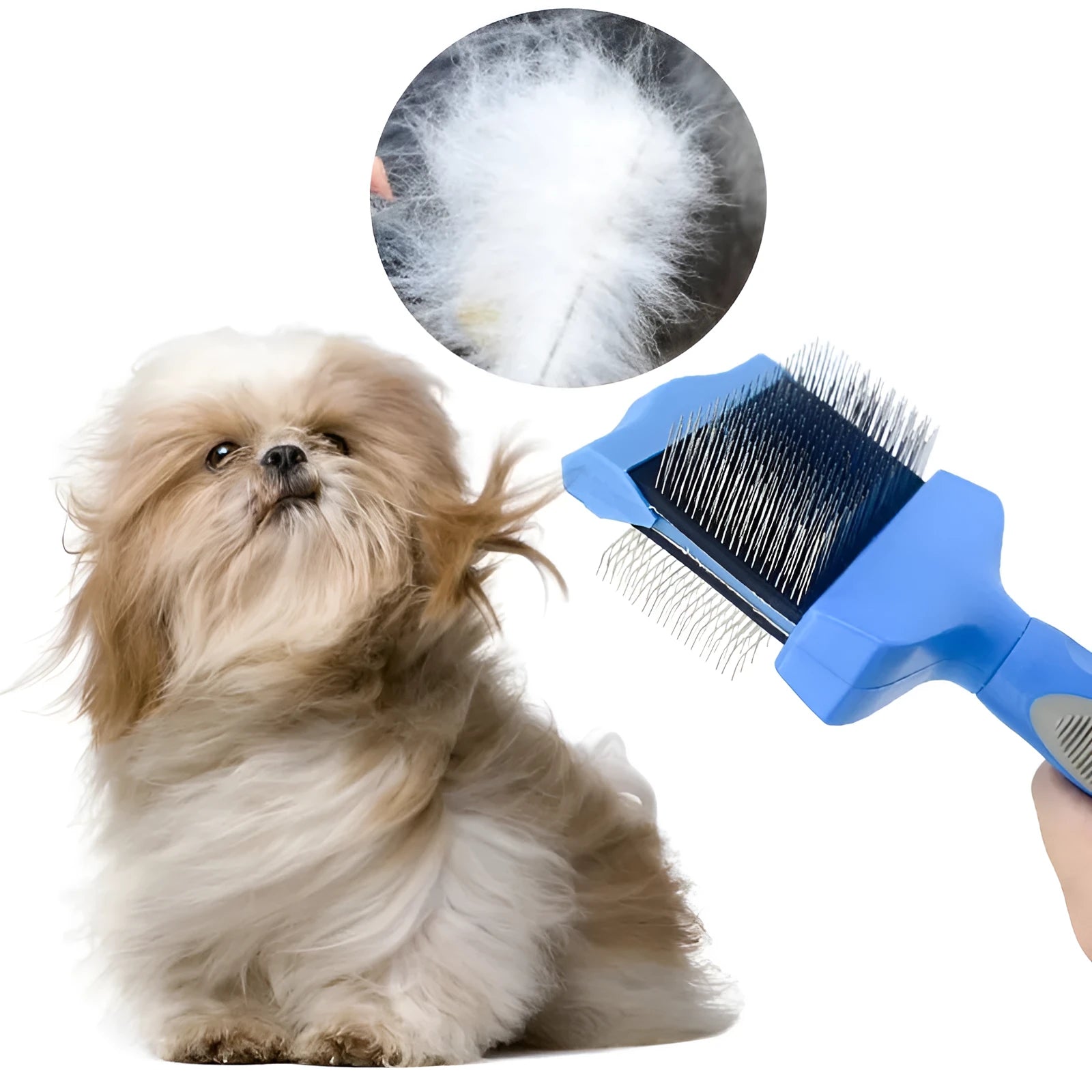Blue double-sided dog grooming brush with stainless steel pins and ergonomic non-slip handle on a white background.