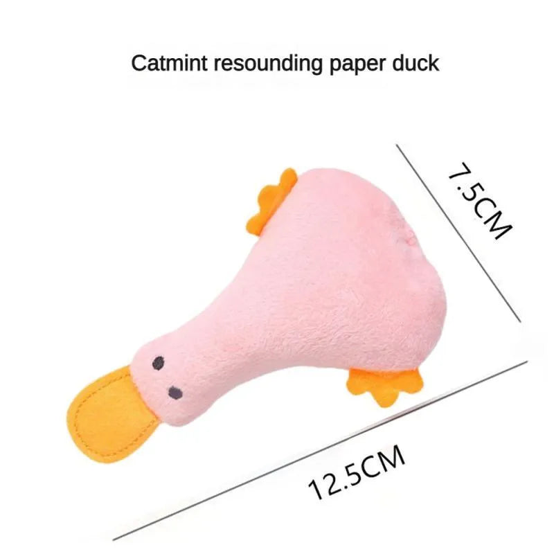 Duck plush pet toy with catnip filling in blue, pink, yellow, or black colour options