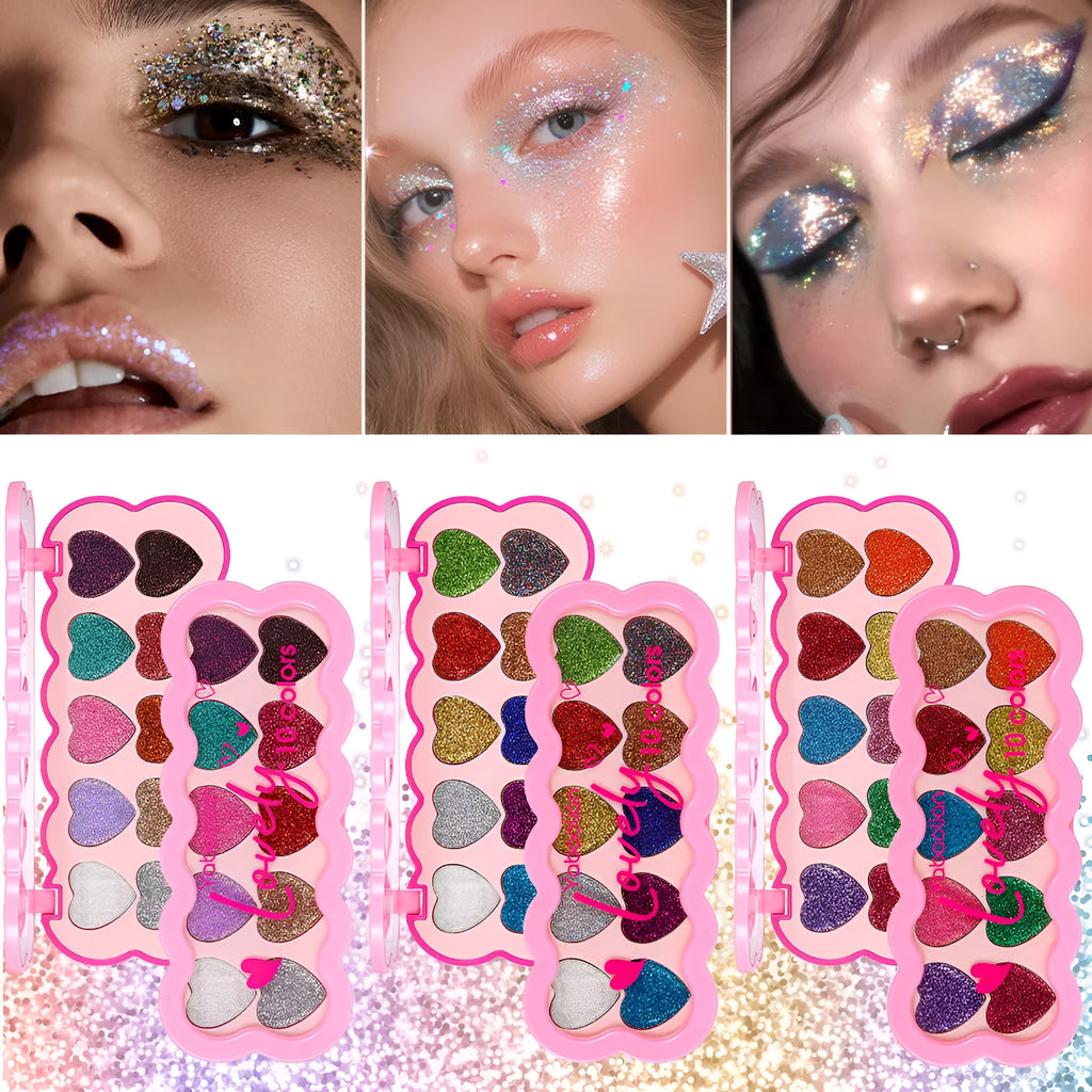 Pearlescent Heart ten-color sequins eye shadow palette showing shades of white, beige, pink, purple, brown, blue, black, royal blue, maroon, and coral.