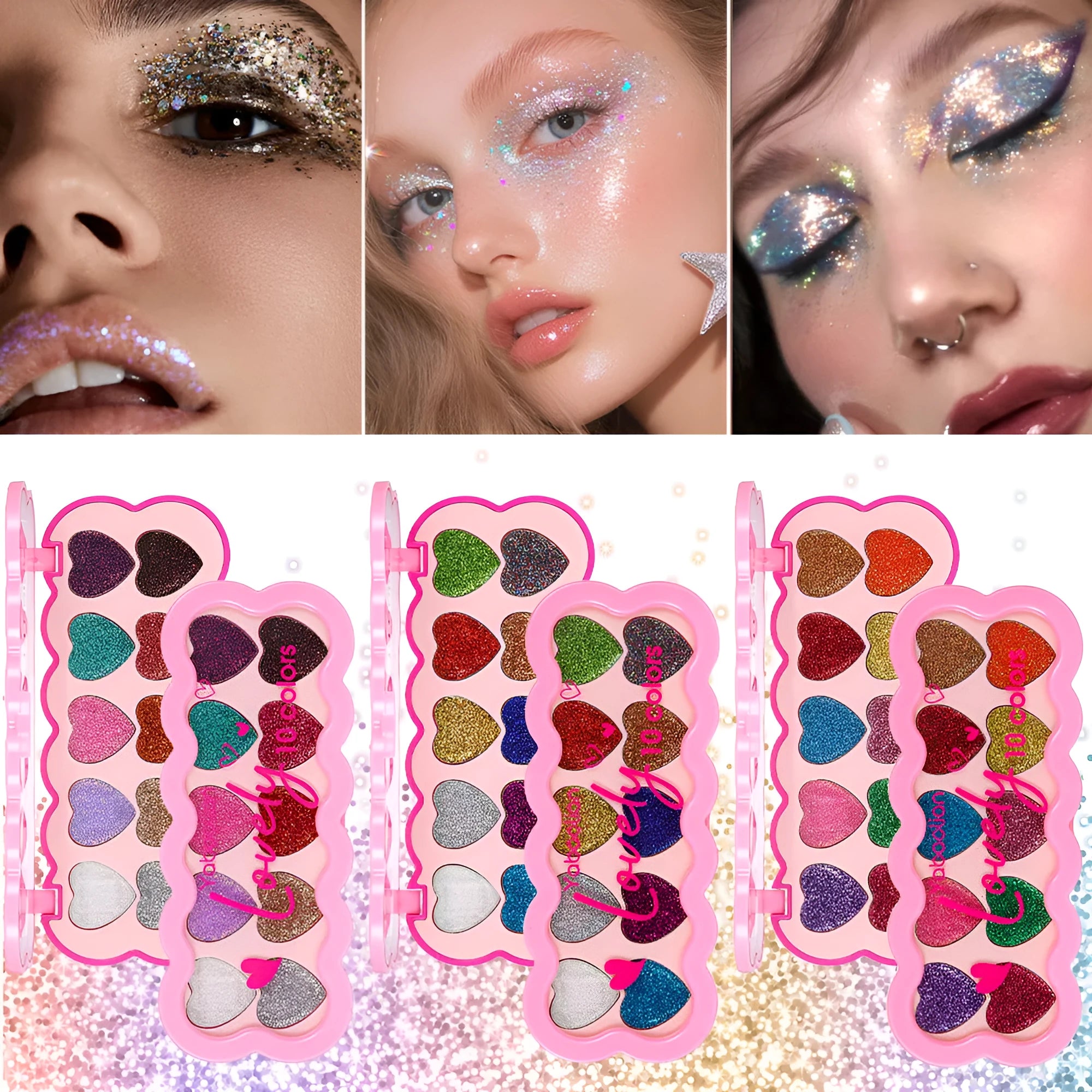 Pearlescent Heart ten-color sequins eye shadow palette showing shades of white, beige, pink, purple, brown, blue, black, royal blue, maroon, and coral.