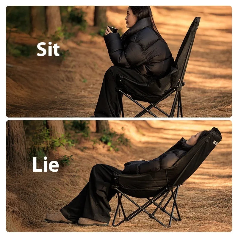 Night Black folding camping recliner chair with removable cover, shown in a portable stool design.