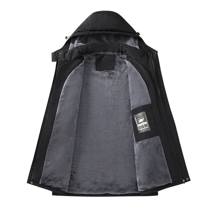 Plus size waterproof hooded coat for men in polyester, showing loose fit and hood design