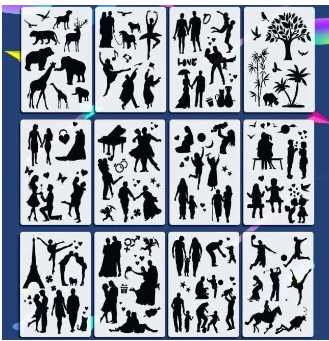 Set of white plastic drawing stencils with assorted cut-out patterns for crafts and decoration.