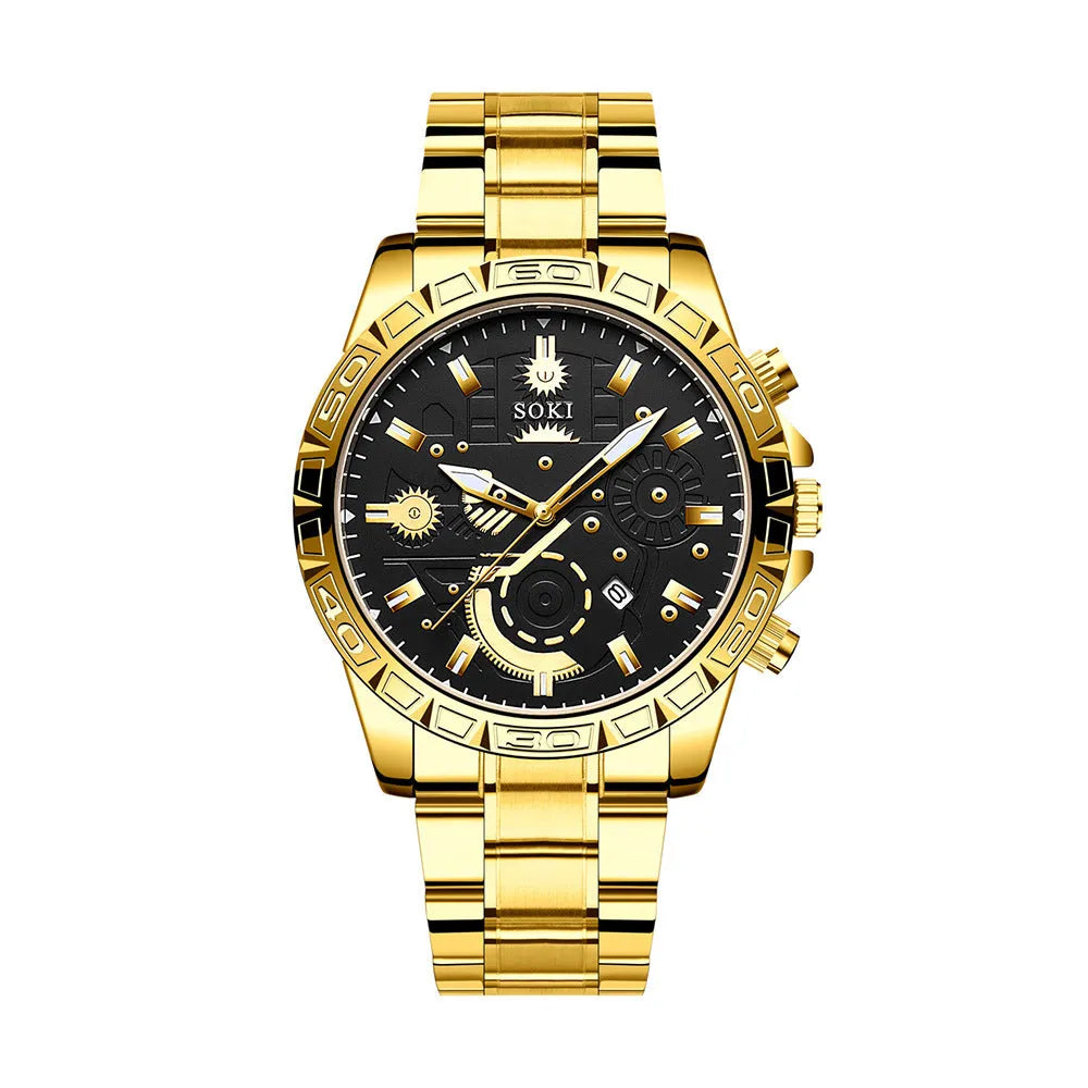 Gold men's business watch with stainless steel strap showing spiral crown and single folding buckle