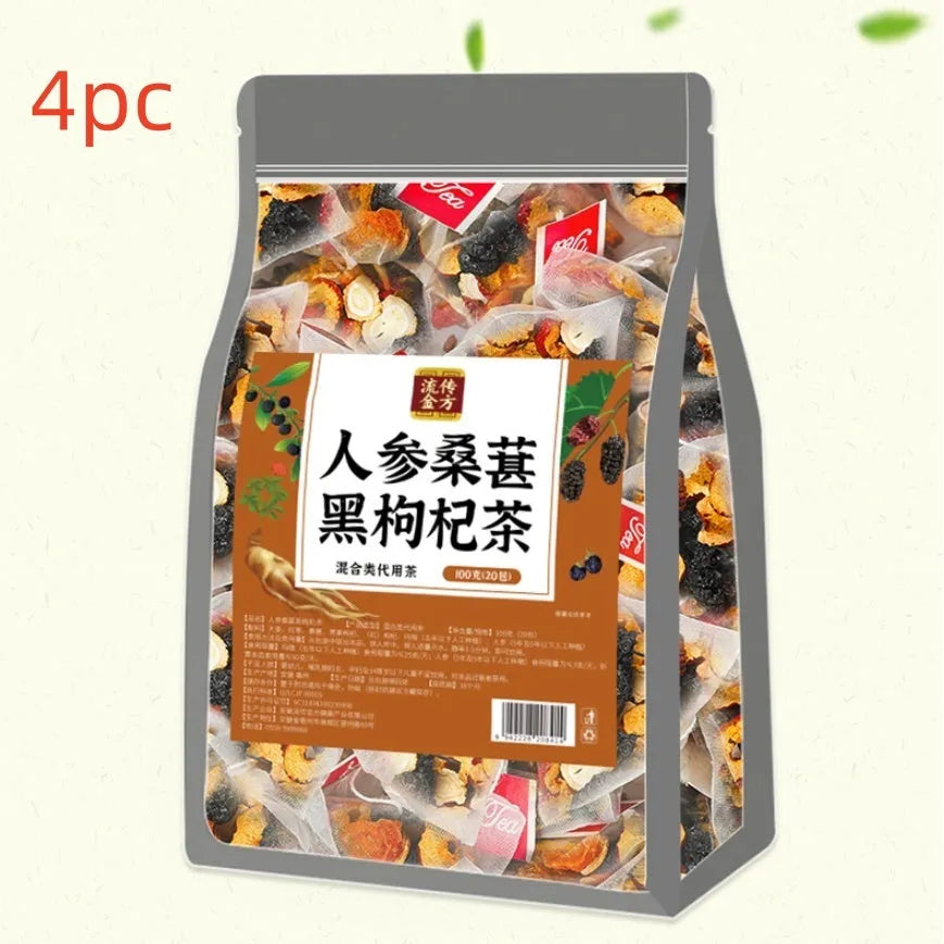 Resealable pouch of ginseng black wolfberry tea with 40 individual tea bags visible