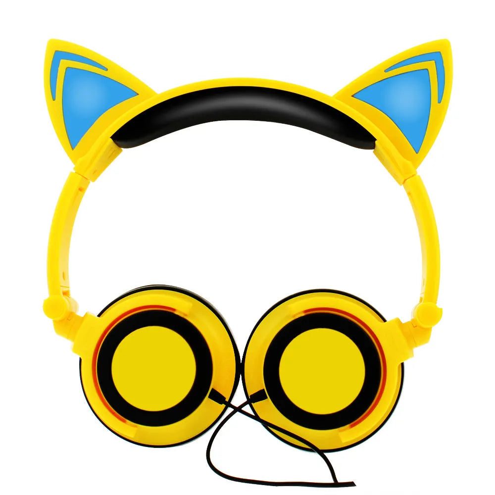 LED illuminated cat ear headphones in various colours showing lighted ears and cushion, with 3.5mm cable.