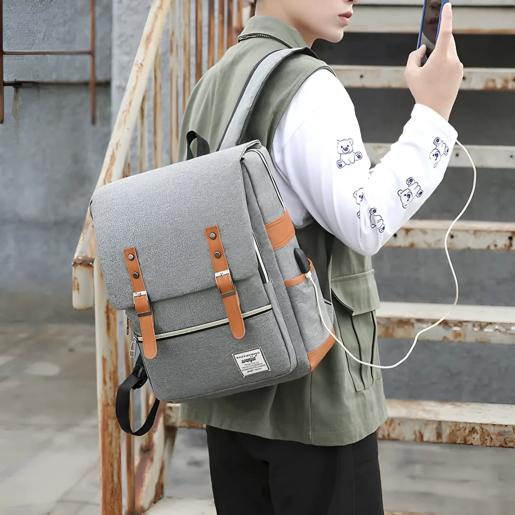 Three-piece Oxford cloth business backpack in black with curved shoulder straps