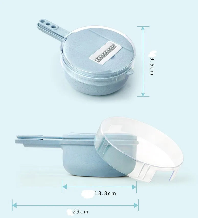 8-in-1 mandoline vegetable slicer with stainless blades, hand guard, and container in blue