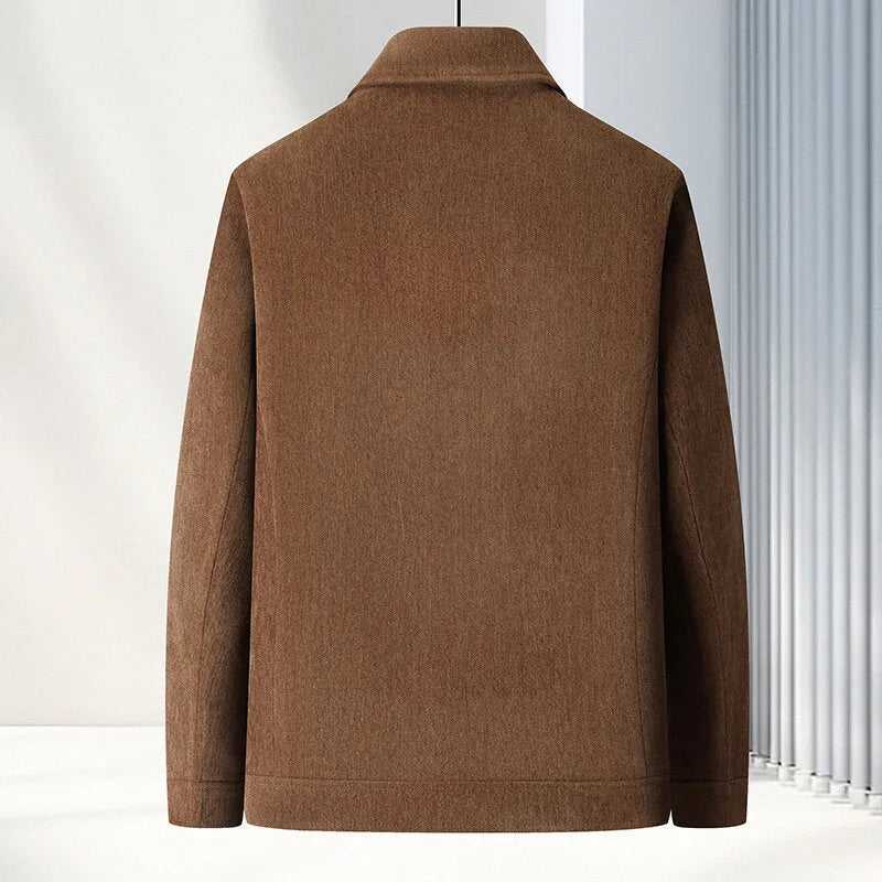Men's slim fit lapel casual coat in dark blue, shown on a model.