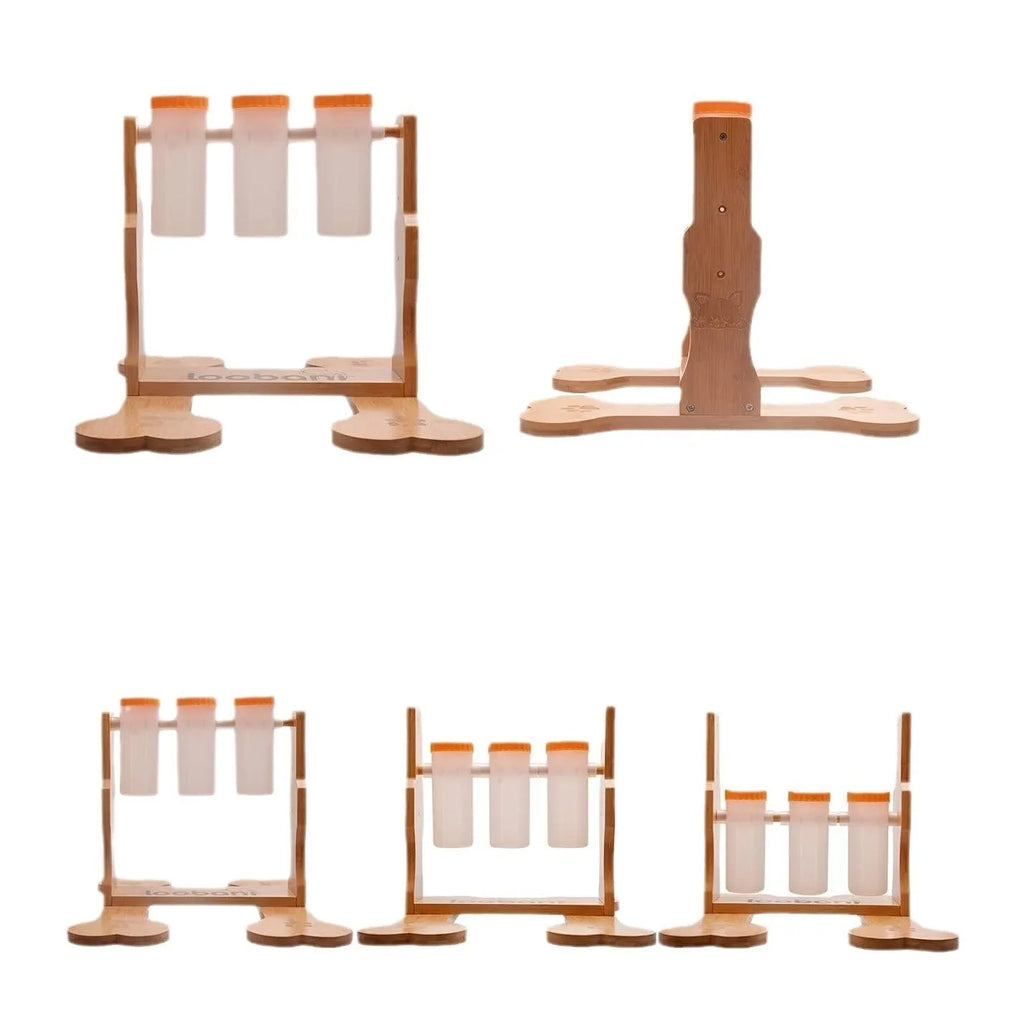 Wooden dog puzzle toy with sliding blocks showing treat compartments measuring 31x30x20cm