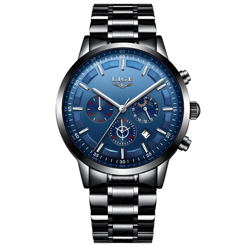 Men's black and rose red gold sports quartz watch with moon phase display on wrist.