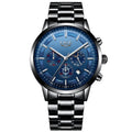 Men's black and rose red gold sports quartz watch with moon phase display on wrist.