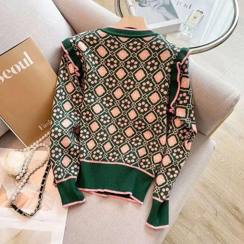 Green women's printed loose fit sweater with botanical pattern and V-neck design