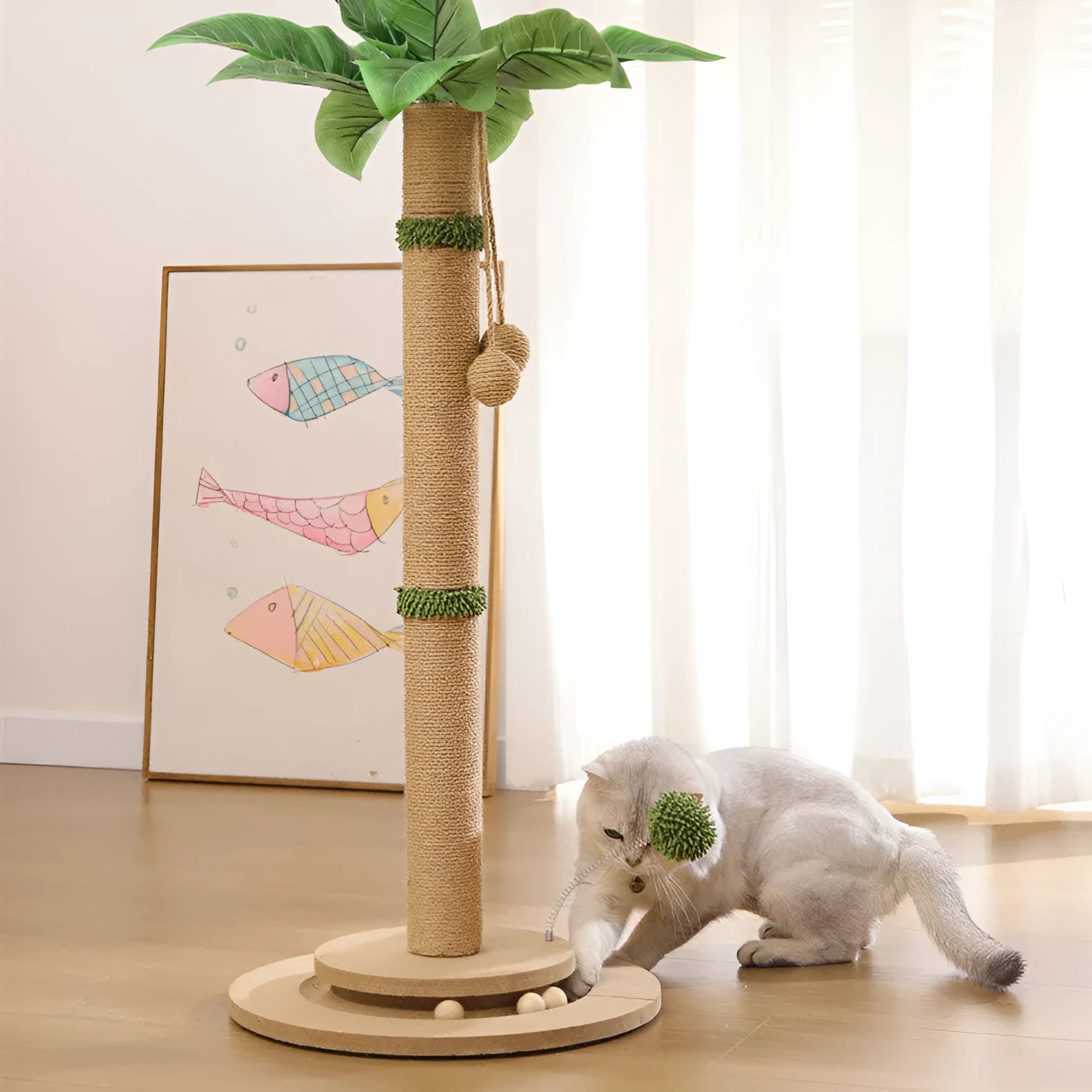 Vertical cat climbing frame with natural hemp rope scratching surface on a canna-coloured column.