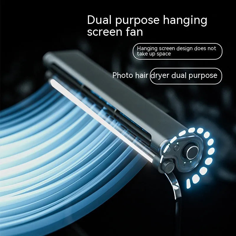 Black USB bladeless fan with clip mounting and integrated lighting lamp for laptop screens