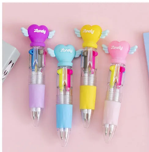 Four-colour press-action ballpoint pen with cartoon-themed refills and 0.7mm bullet tip