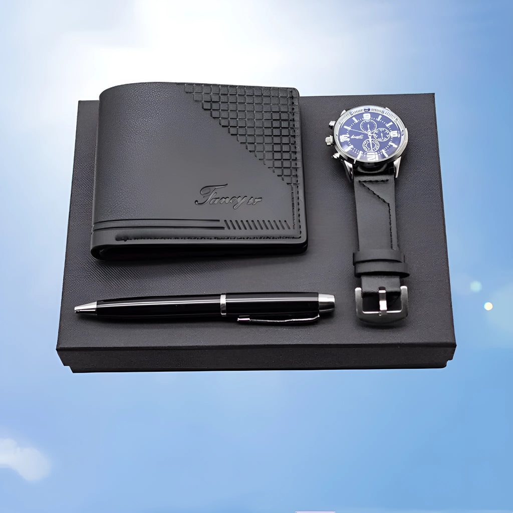 Creative holiday gift set containing wallet, pen and watch in brown or black colour options