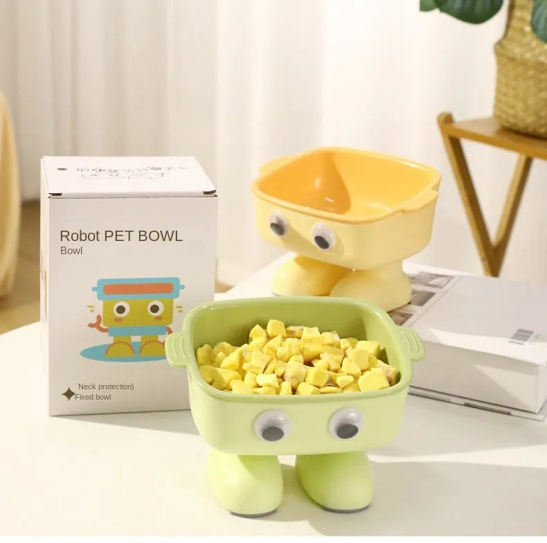 Green elevated cat bowl with robot design, tilted dish, and anti-slip base.