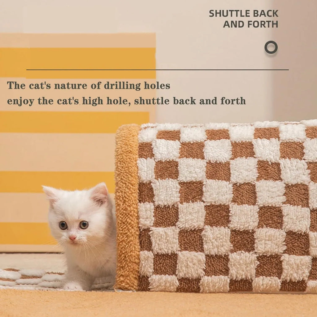 Brown plush plaid cat tunnel bed with central mat showing collapsible design and non-slip bottom
