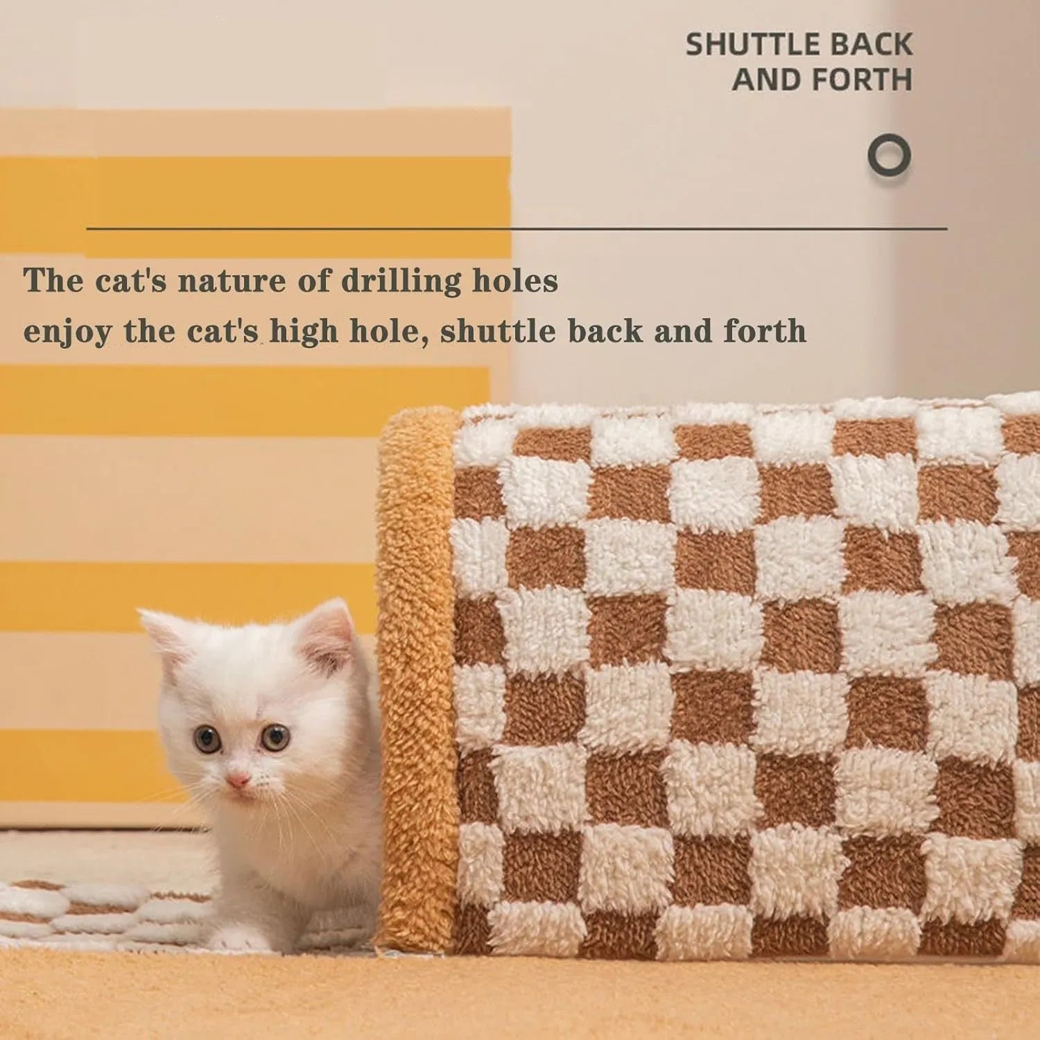 Brown plush plaid cat tunnel bed with central mat showing collapsible design and non-slip bottom
