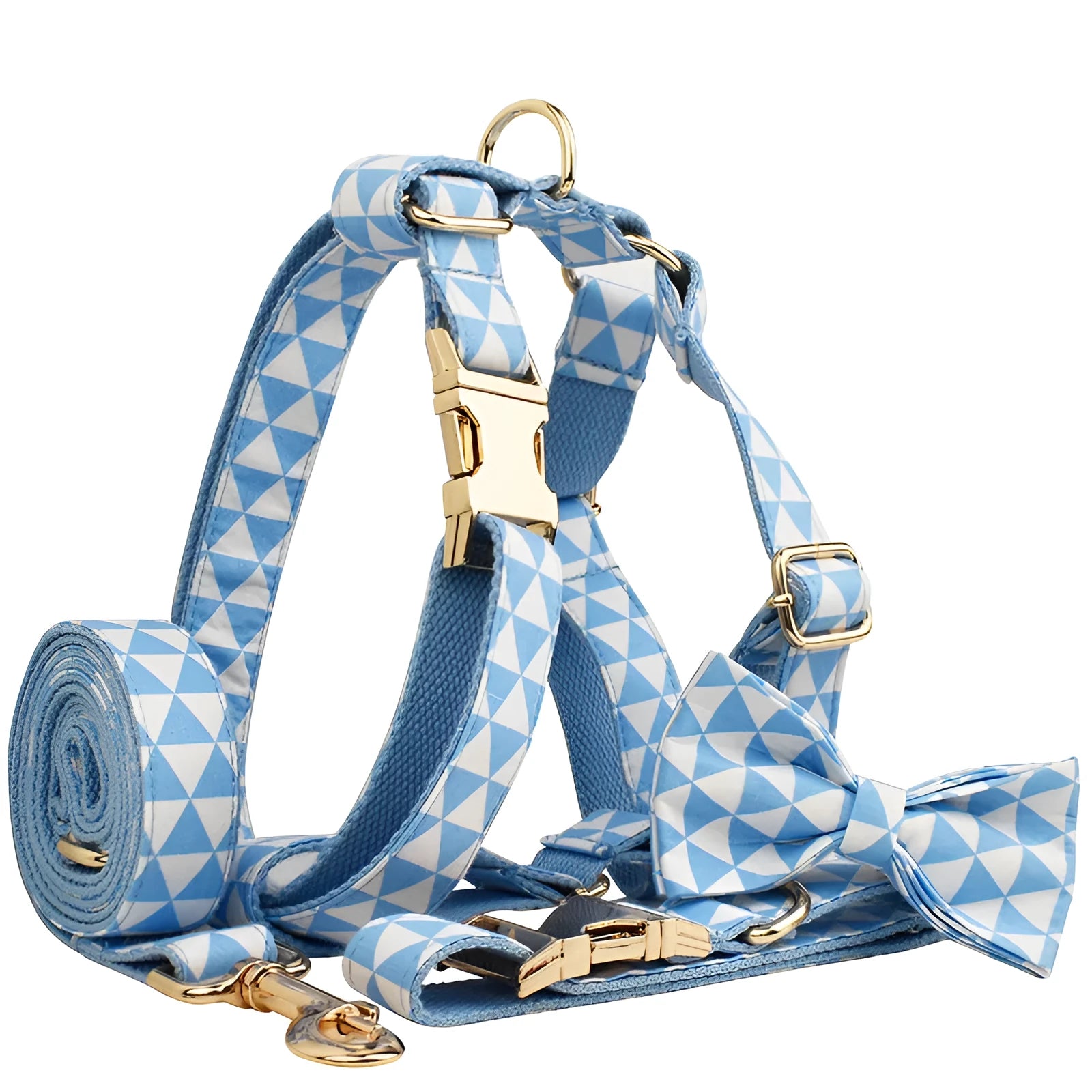 Blue four-piece dog clothing set showing vest, collar, lead and bow accessory in adjustable sizes from XS to XL