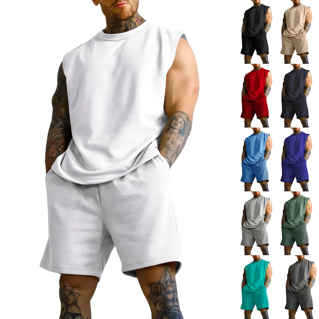 Men's sleeveless cotton blend sports top and matching shorts in a solid colour, laid flat.