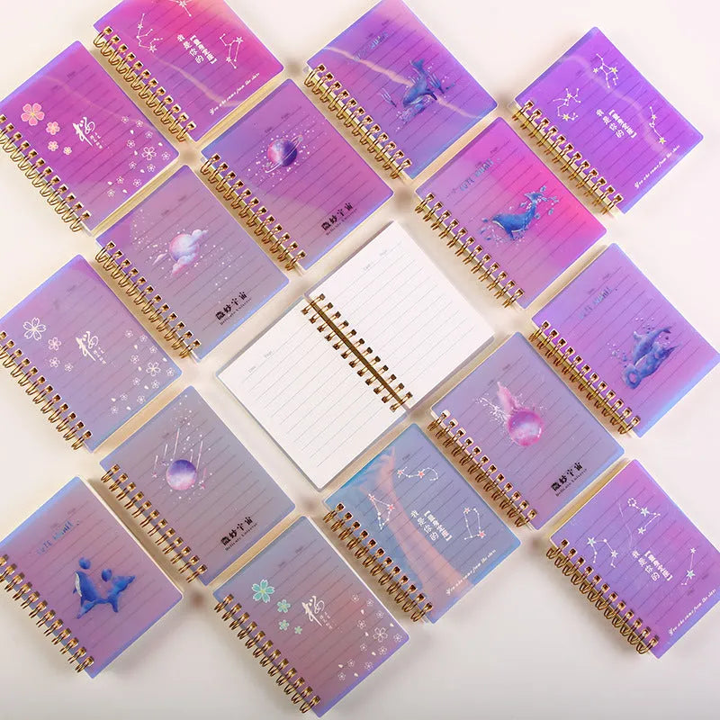 A7 spiral notebook with PP cover showing constellation design, spiral binding, and open page with square inner core