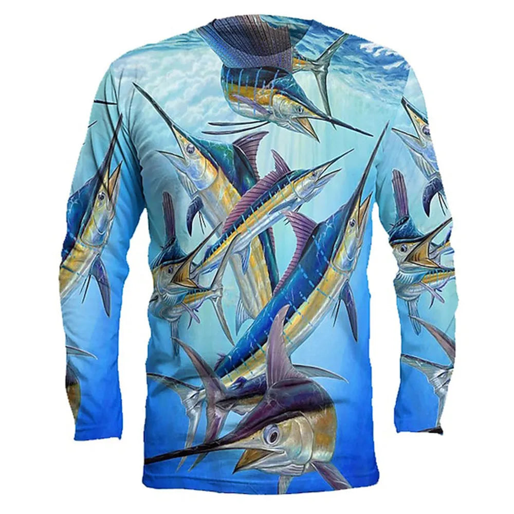 Men's grey pullover top with fish print design on front, round neck and long sleeves