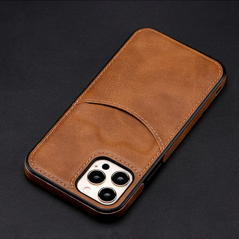 Dark blue PU leather protective case for various iPhone models on a table.