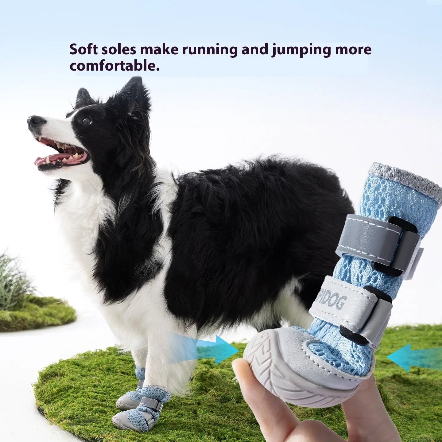 Pair of light blue cartoon-style dog shoes on a white background for summer paw protection.