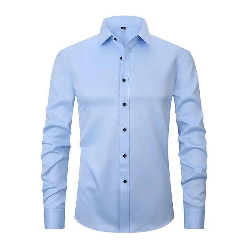 Men's stretch long sleeve work shirt in polyester fabric showing front view with size options