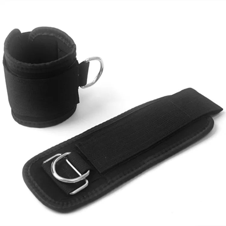 Black taekwondo leg training pull rope set with elastic resistance and PVC handles.
