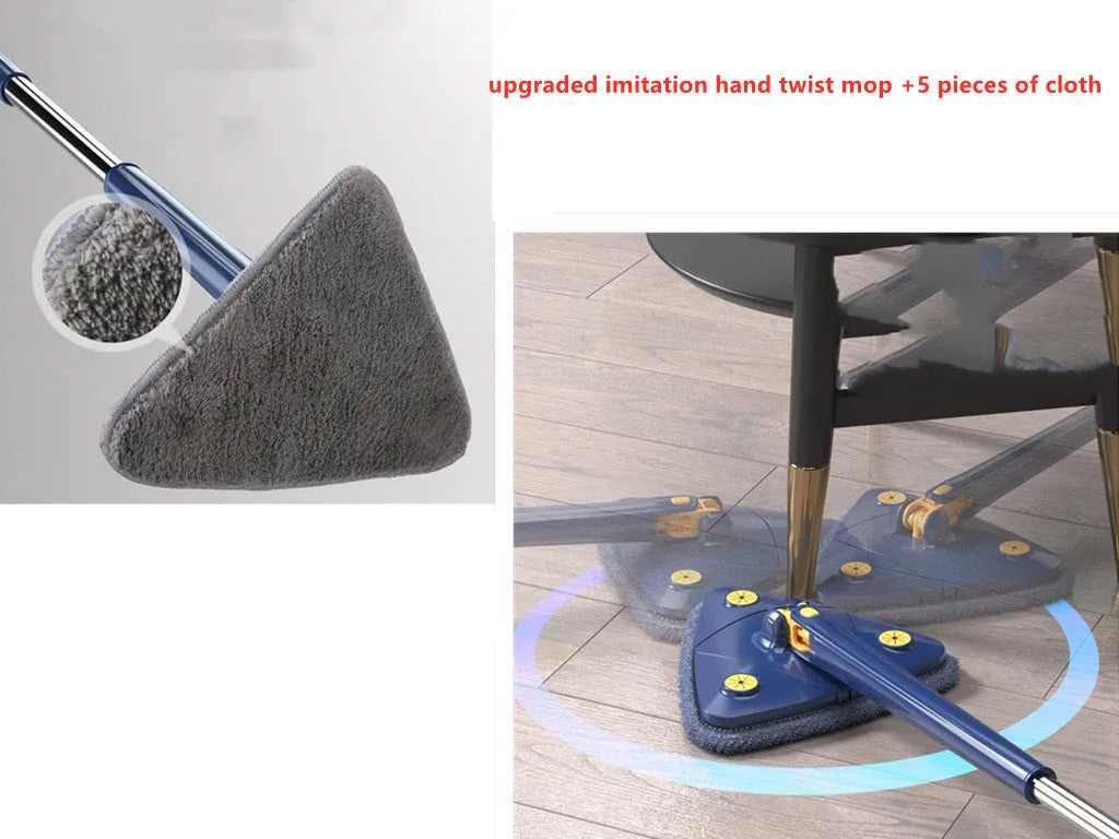 Extendable triangle mop with rotating blue head and stainless steel pole for cleaning corners and walls