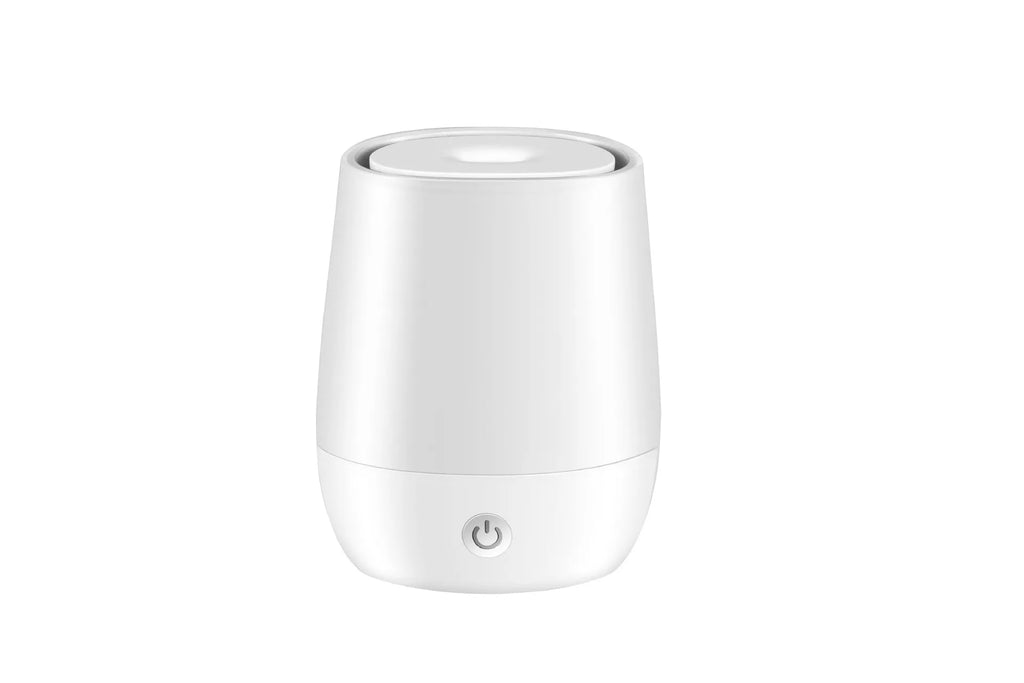 White USB aromatherapy diffuser with simulated flame effect showing mist output
