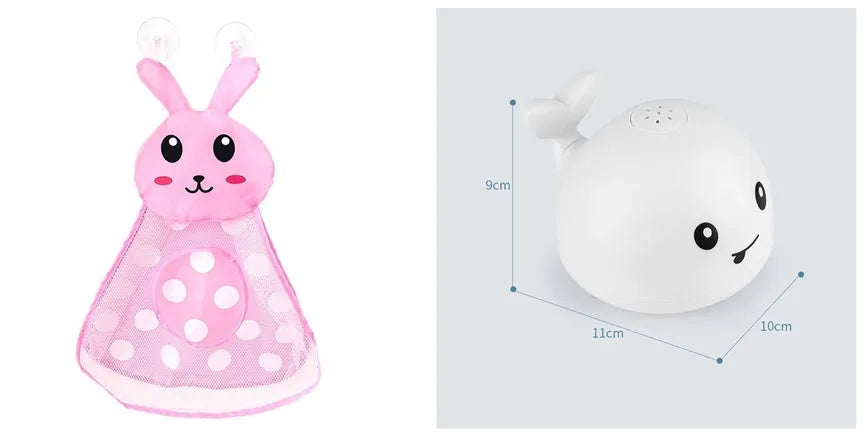 Whale-shaped baby bath toy with automatic water spray and colourful lights floating in water.